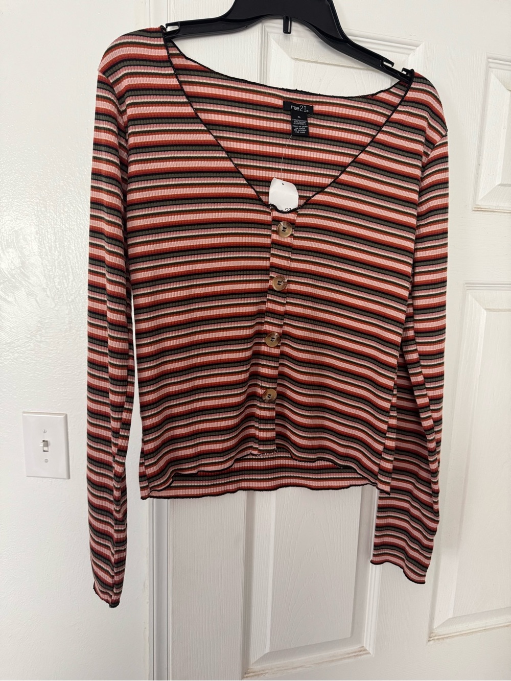 Rue21 Striped Button-Front Long Sleeve Top in Rust, Pink & Black